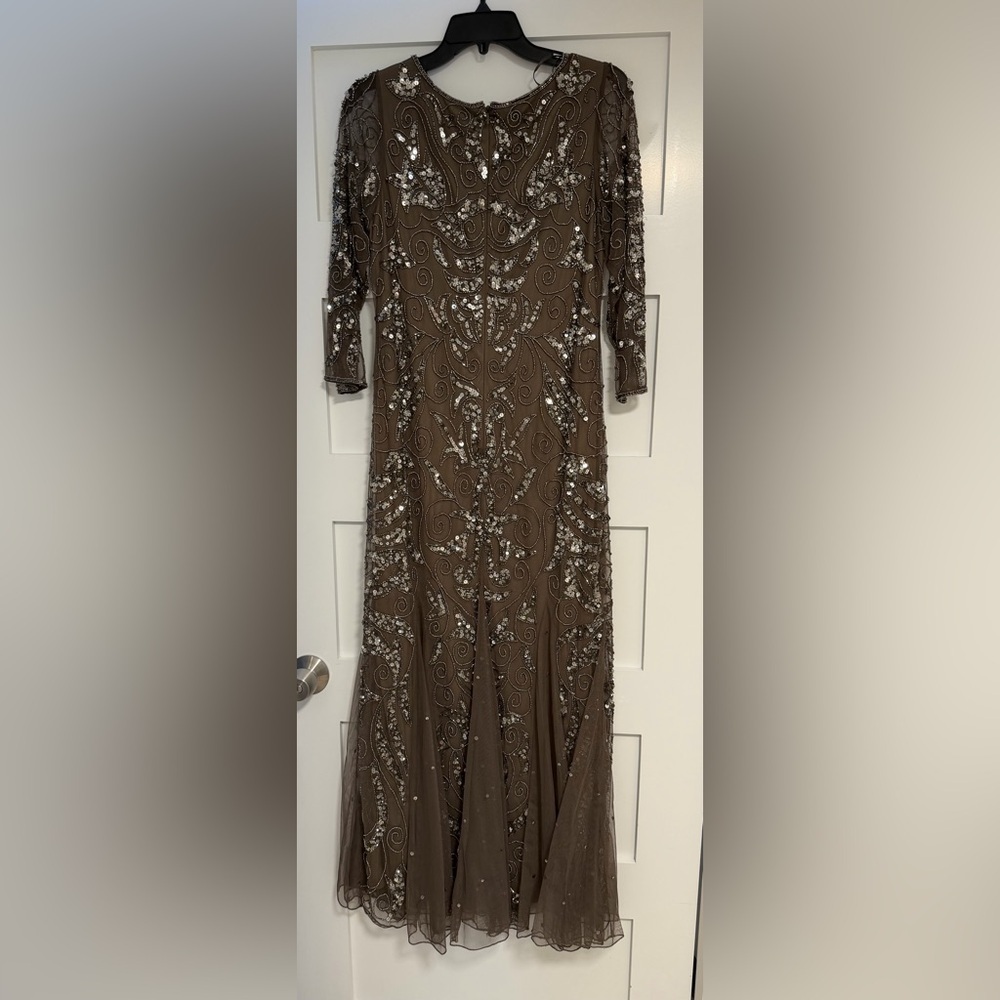 Pisarro Nights Taupe Beaded Long-Sleeve Evening Gown - Picture 8 of 10
